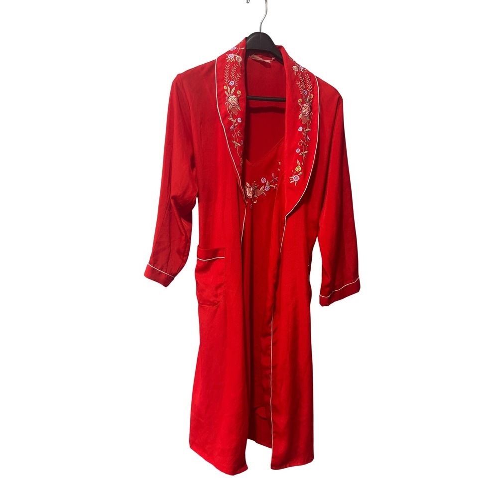 Vintage Red Embroidered Silk Satin Robe and Nightgown 2 Piece Set Womens Medium